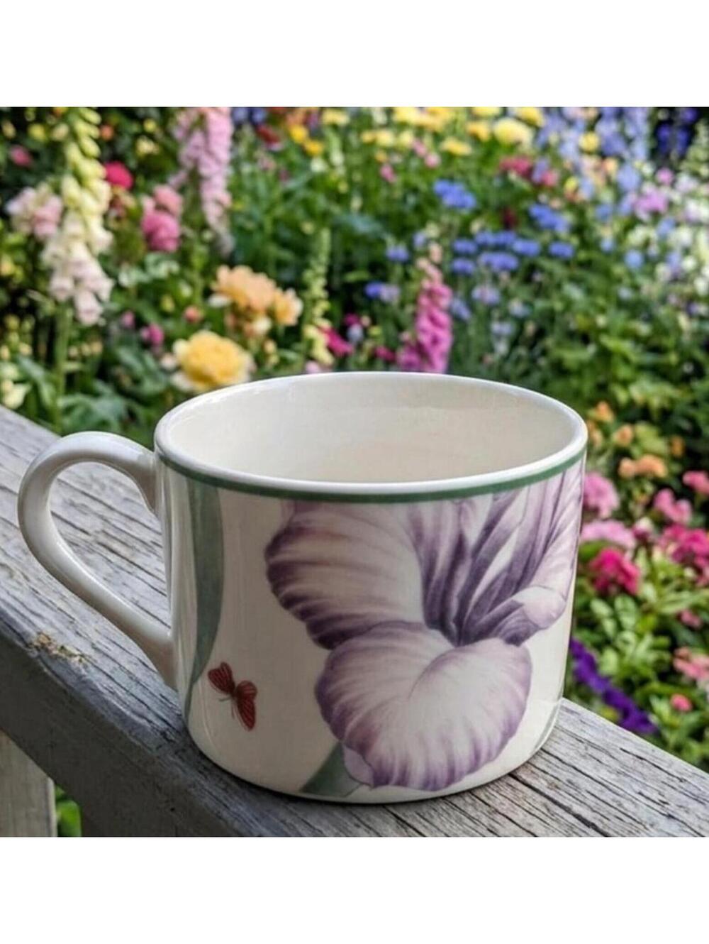 Noritake Epoch Garden Walk Flat Cup Tea Purple Iris Yellow Tulip Butterfly E125